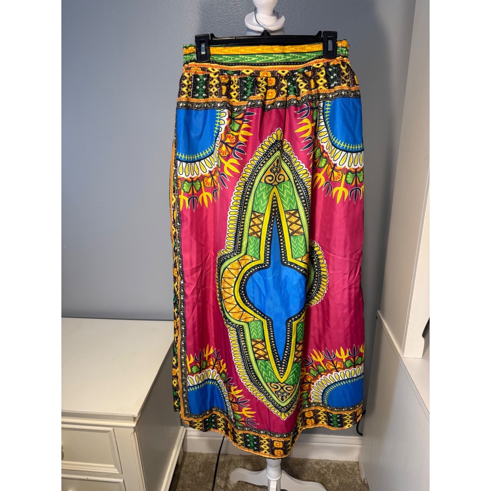 Vibrant Dashiki Print Maxi Skirt Pink Blue African Boho Festival Skirt M Size 8